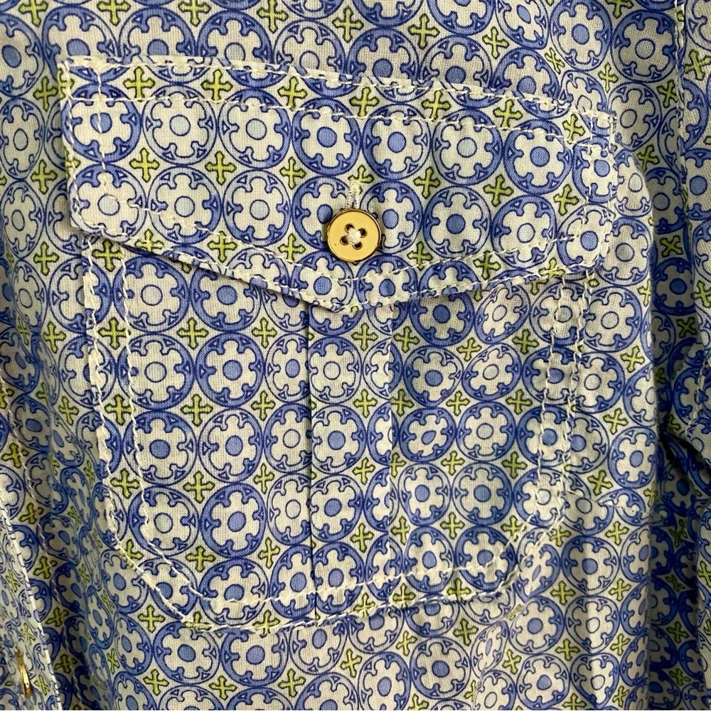 Tory Burch Blue Geometric Tile Print‎ Roll Tab Utility Shirt Size 8